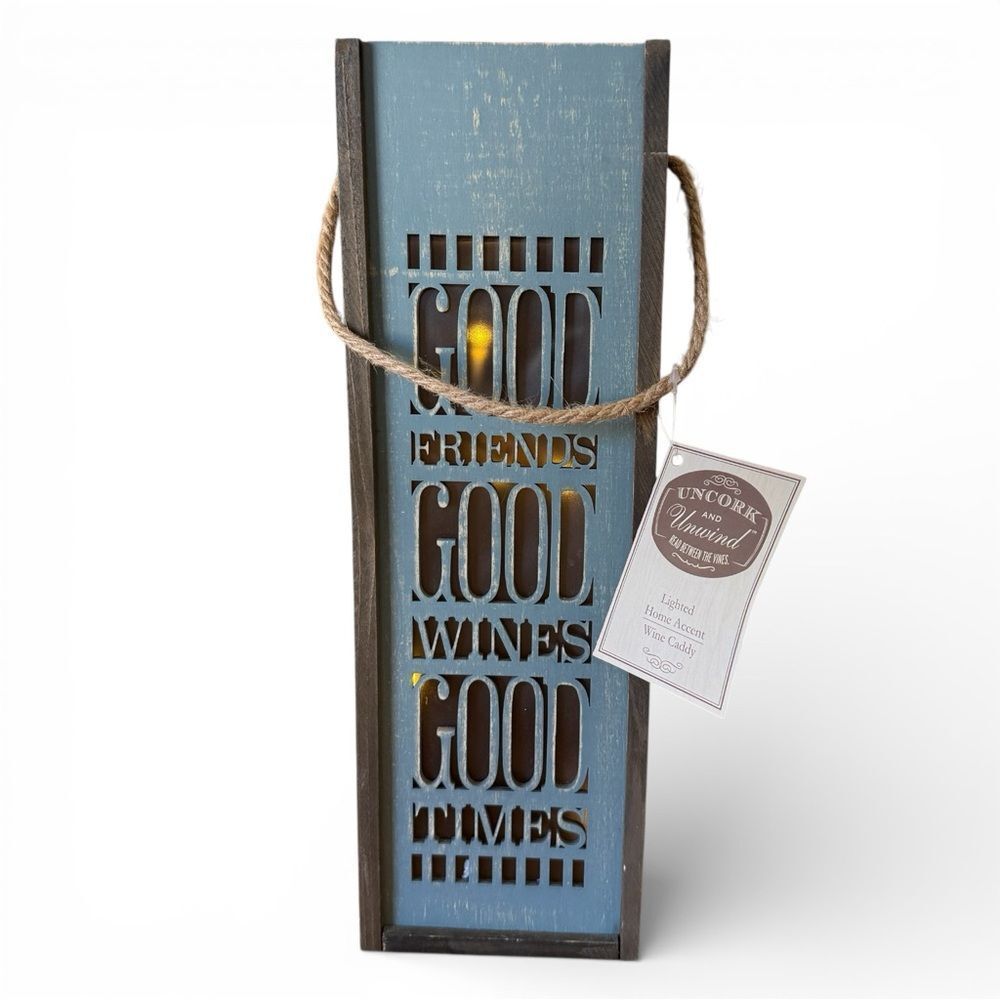 NWT Blue Brown Lighted Wine Box Rope Handle “Good Friends Good Wines Good Times“